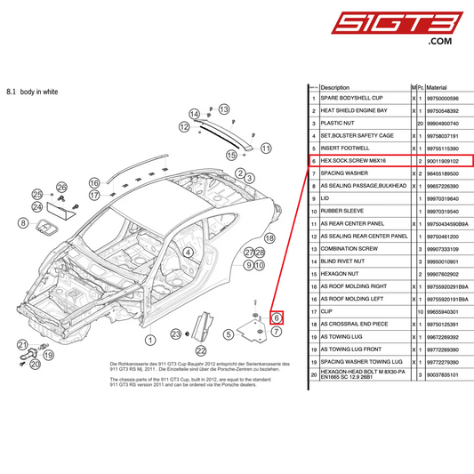 HEX.SOCK.SCREW M6X16 - 90011909102 [PORSCHE 997.2 GT3 Cup]