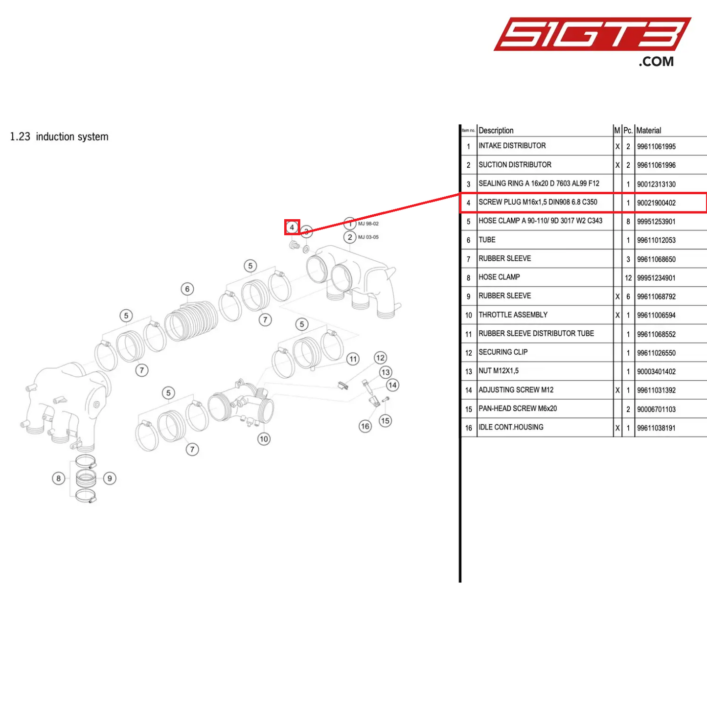 SCREW PLUG M16x1,5 DIN908 6.8 C350 - 90021900402 [PORSCHE 996 GT3 Cup]