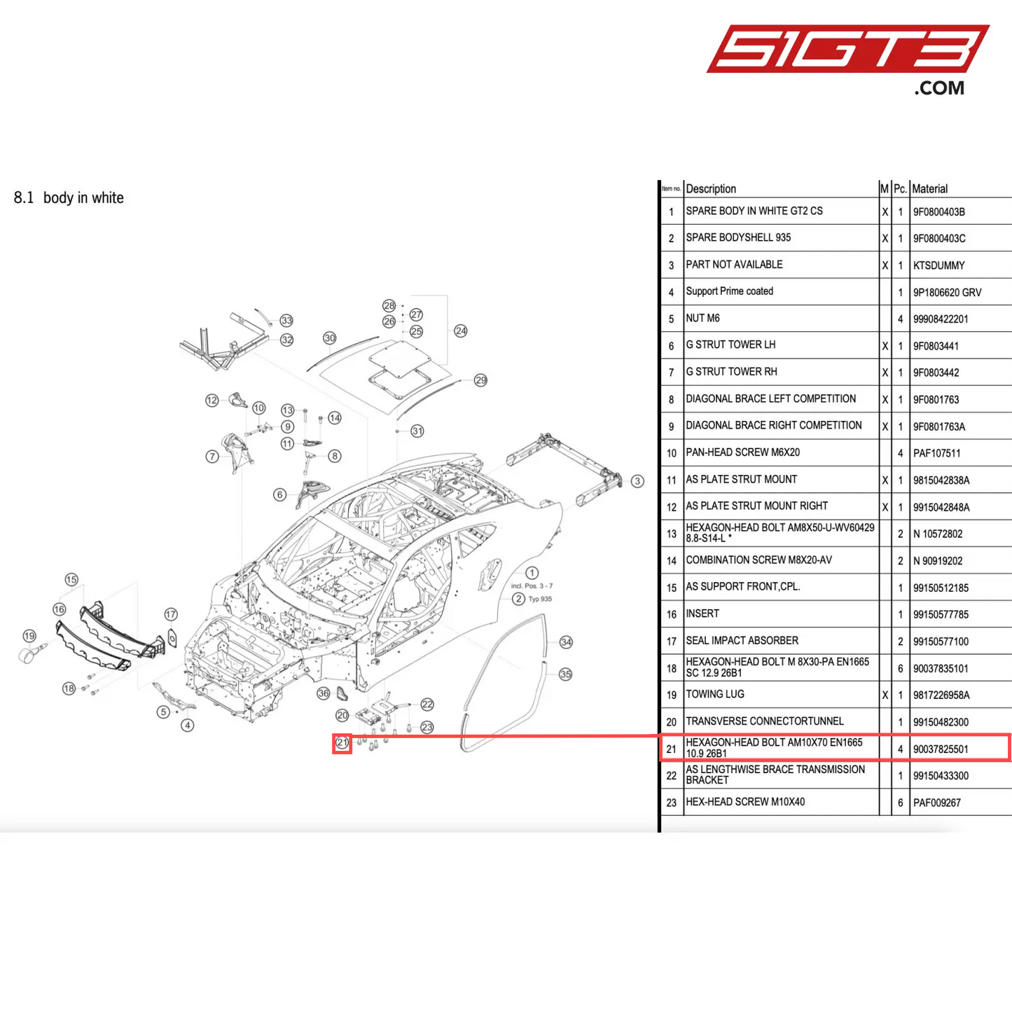 HEXAGON-HEAD BOLT AM10X70 EN1665 10.9 26B1 - 90037825501 [PORSCHE 911 GT2 RS Clubsport]