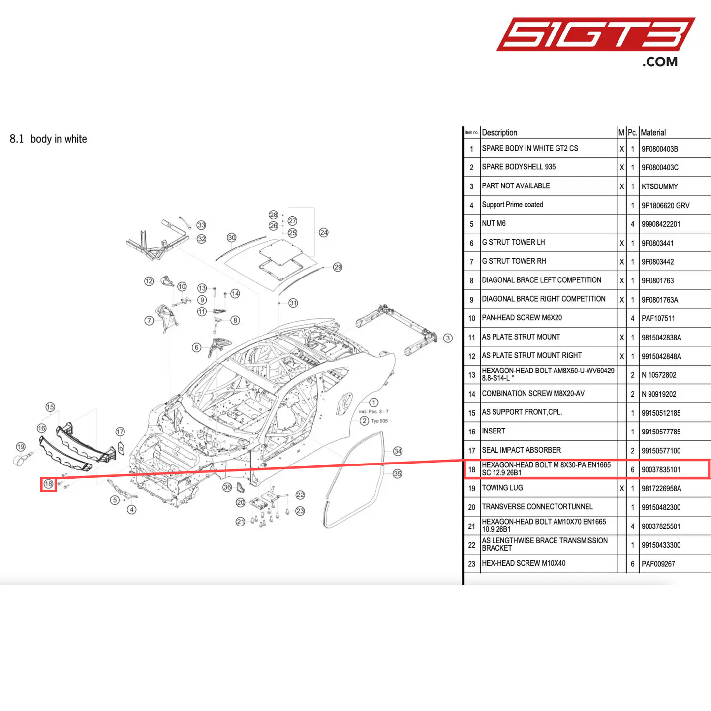 HEXAGON-HEAD BOLT M 8X30-PA EN1665 SC 12.9 26B1 - 90037835101 [PORSCHE 911 GT2 RS Clubsport]