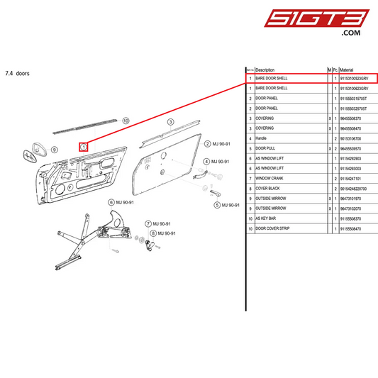 BARE DOOR SHELL - 91153100523GRV [PORSCHE 964 Cup]