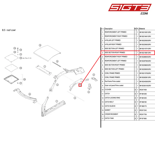 SIDE SECTION RIGHT PRIMED - 98150215801GRV [PORSCHE 718 Cayman GT4 RS Clubsport]
