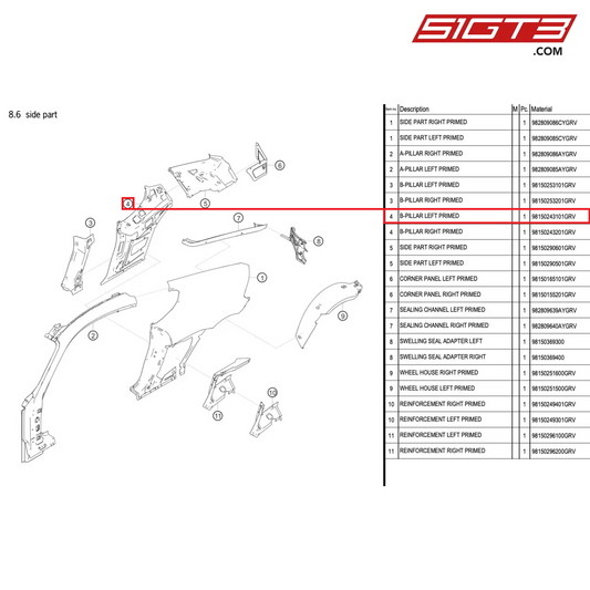 B-PILLAR LEFT PRIMED - 98150243101GRV [PORSCHE 718 Cayman GT4 RS Clubsport]
