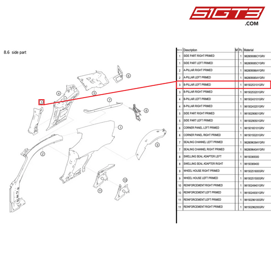 B-PILLAR LEFT PRIMED - 98150253101GRV [PORSCHE 718 Cayman GT4 Clubsport]