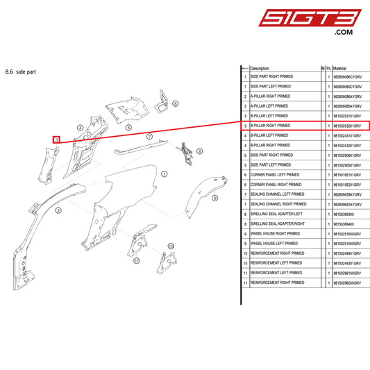 B-PILLAR RIGHT PRIMED - 98150253201GRV [PORSCHE 718 Cayman GT4 RS Clubsport]