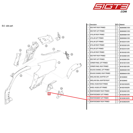REINFORCEMENT LEFT PRIMED - 98150296100GRV [PORSCHE 718 Cayman GT4 RS Clubsport]