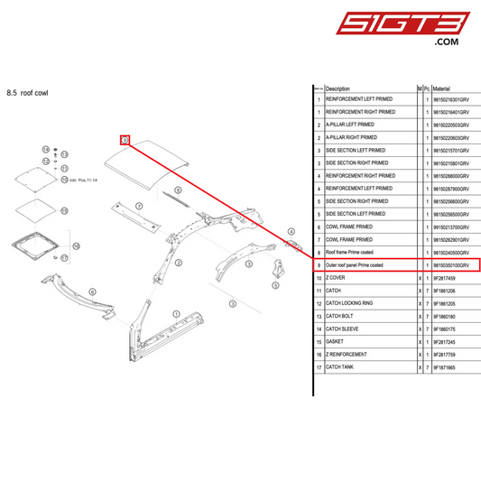 Outer roof panel Prime coated - 98150350100GRV [PORSCHE 718 Cayman GT4 Clubsport]