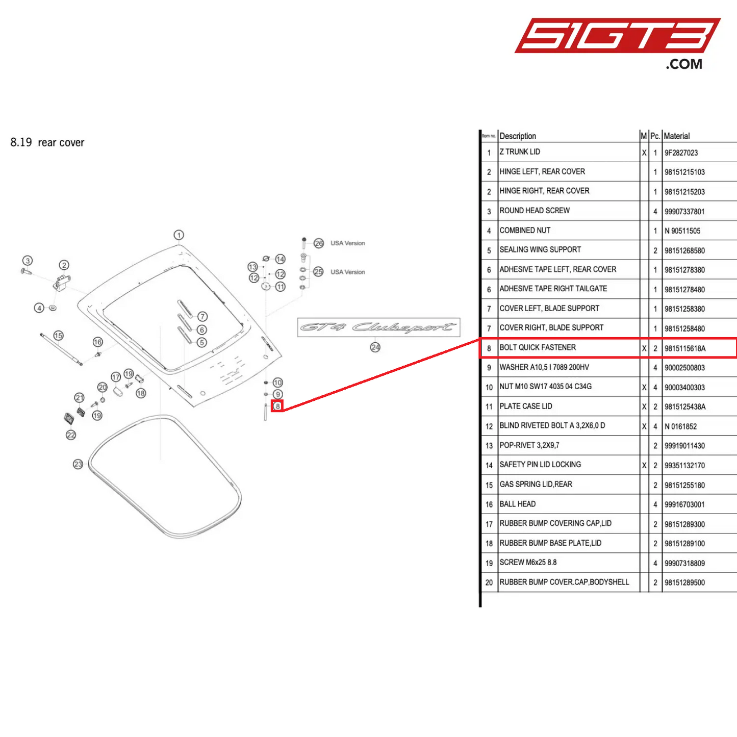 BOLT QUICK FASTENER - 9815115618A [PORSCHE 718 Cayman GT4 Clubsport]