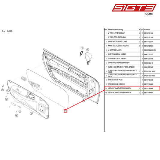 SEALING DOOR PANEL,INNER - 9815318898A [PORSCHE Cayman 981 GT4 Clubsport]