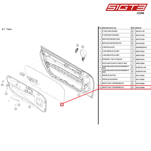 SEALING DOOR PANEL,INNER - 9815318908A [PORSCHE Cayman 981 GT4 Clubsport]