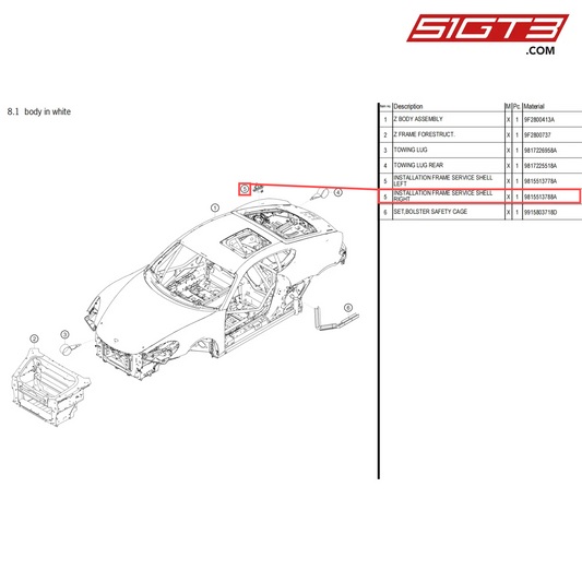 INSTALLATION FRAME SERVICE SHELL RIGHT - 9815513788A [PORSCHE 718 Cayman GT4 Clubsport]