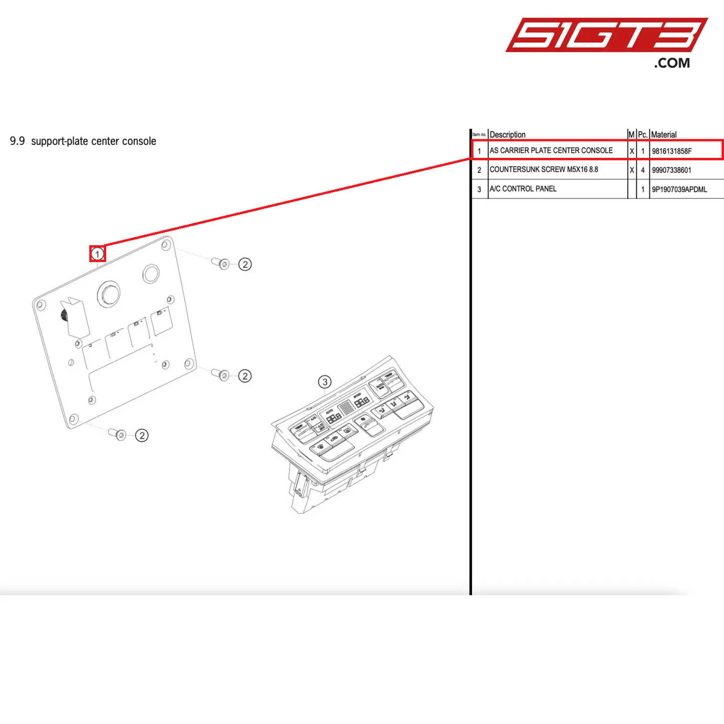 AS CARRIER PLATE CENTER CONSOLE - 9816131858F [PORSCHE 911 GT2 RS Clubsport]