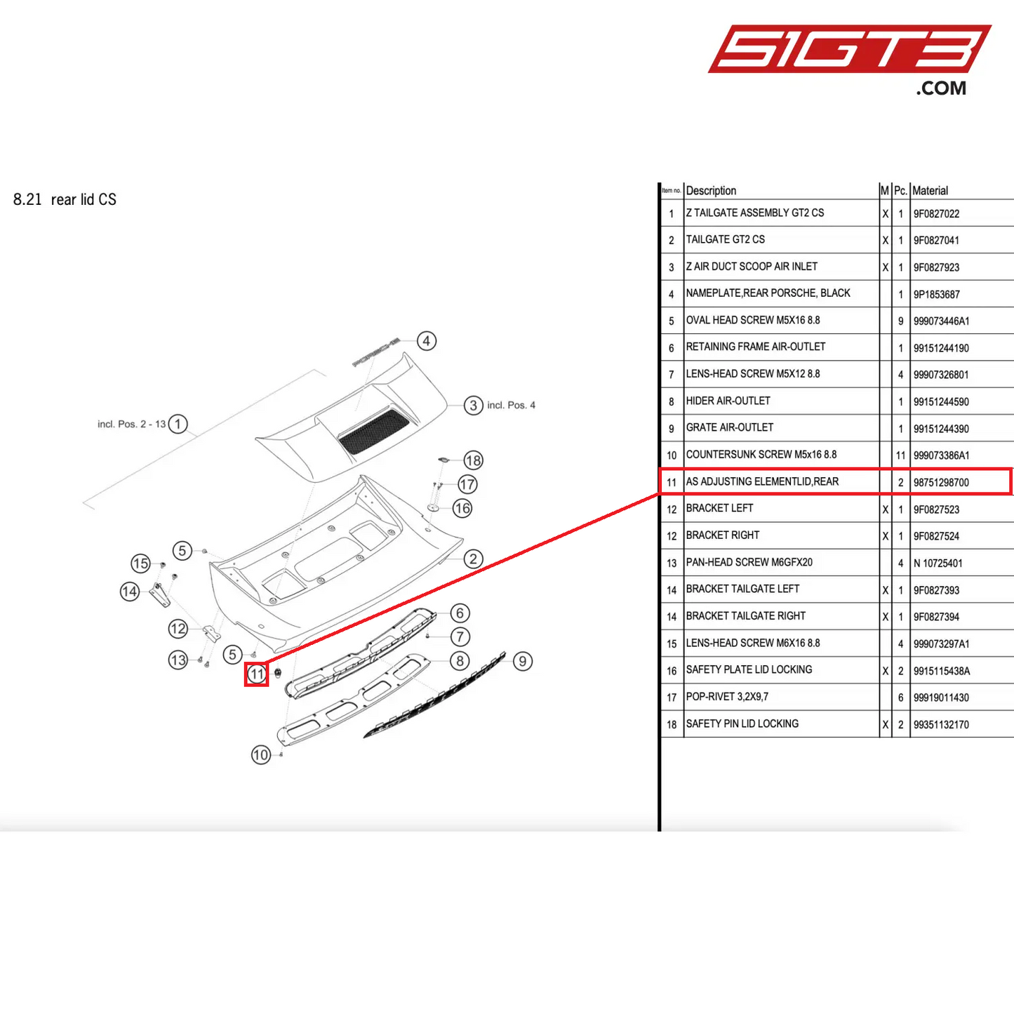 AS ADJUSTING ELEMENTLID,REAR - 98751298700 [PORSCHE 911 GT2 RS Clubsport]