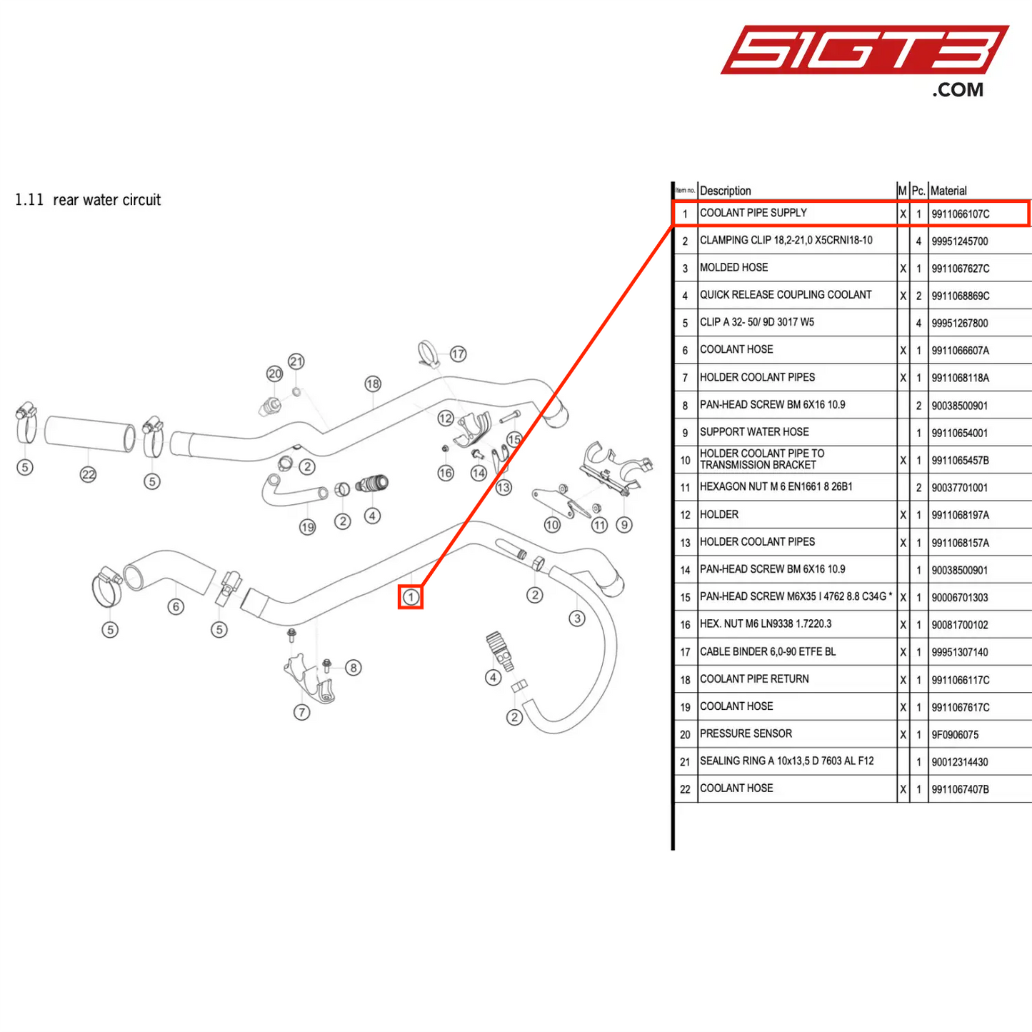 COOLANT PIPE SUPPLY - 9911066107C [PORSCHE 911 GT3 R Type 991 (GEN 2)]