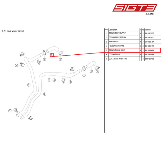COOLANT HOSE RIGHT - 9911066388A [PORSCHE 911 GT3 R Type 991 (GEN 2)]