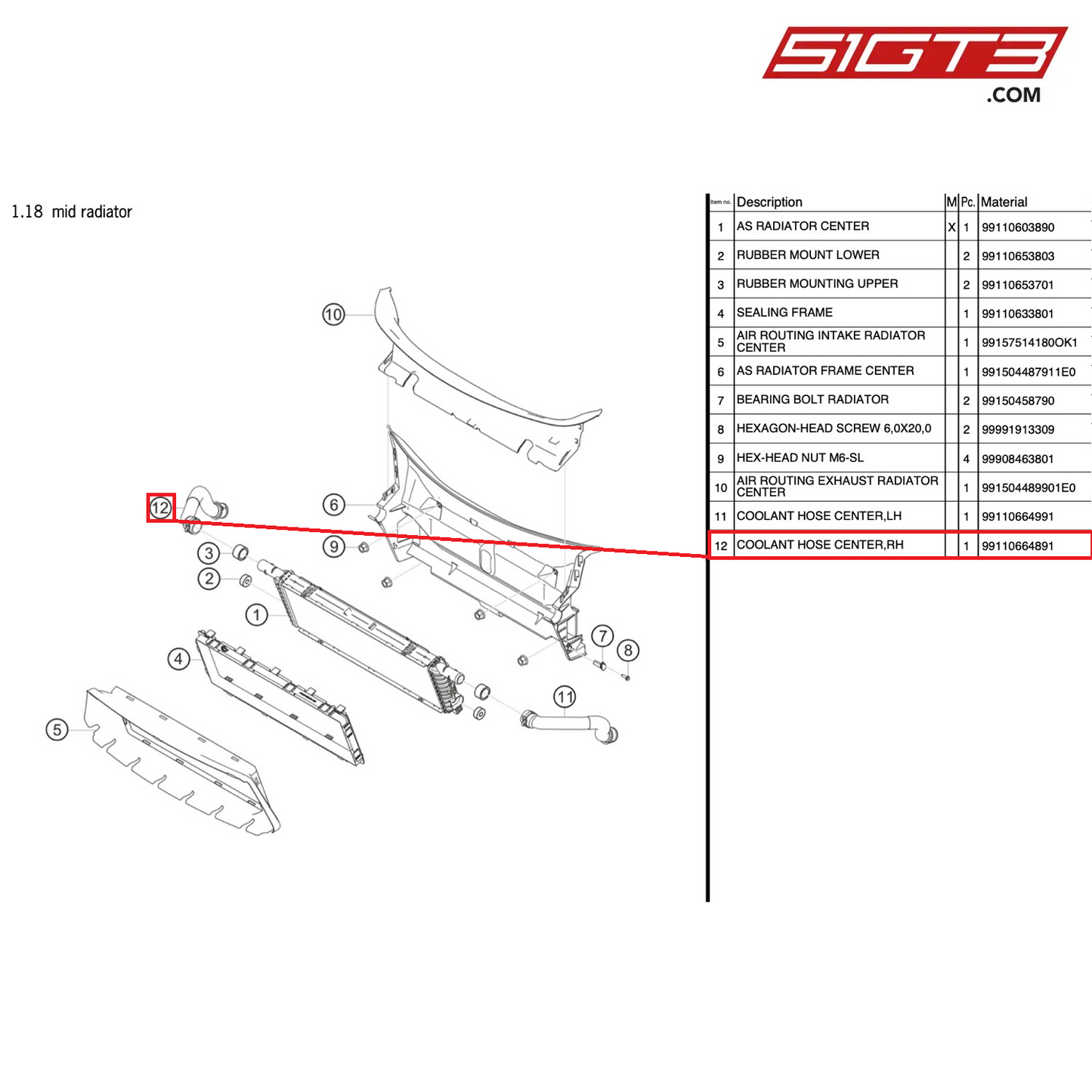 COOLANT HOSE CENTER,RH - 99110664891 [PORSCHE 911 GT2 RS Clubsport]