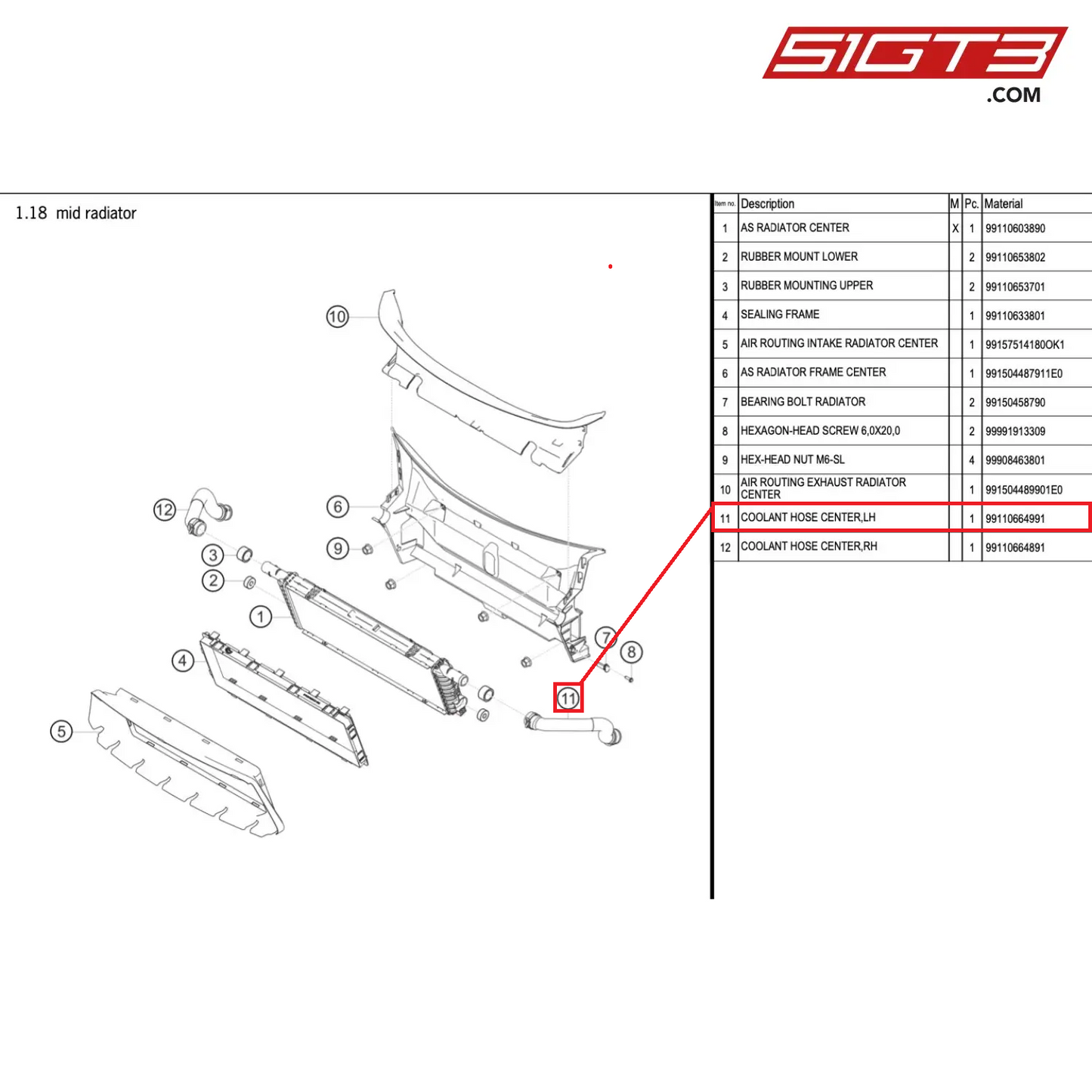 COOLANT HOSE CENTER,LH - 99110664991 [PORSCHE 991.1 GT3 Cup (2017)]