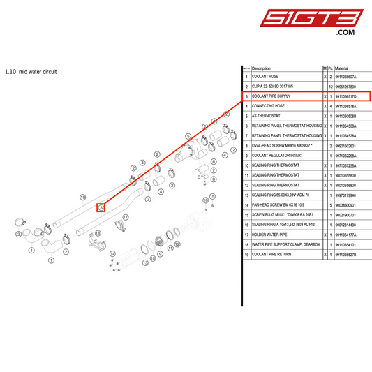 COOLANT PIPE SUPPLY - 9911066517D [PORSCHE 911 GT3 R Type 991 (GEN 2)]