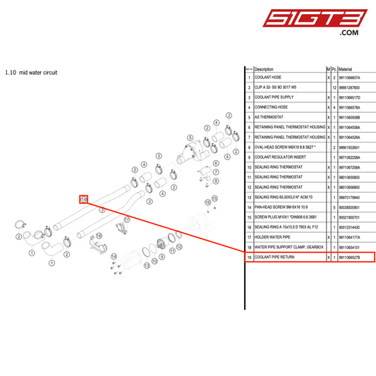 COOLANT PIPE RETURN - 9911066527B [PORSCHE 911 GT3 R Type 991 (GEN 2)]