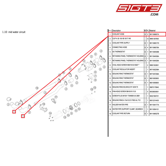 COOLANT HOSE - 9911066607A [PORSCHE 911 GT3 R Type 991 (GEN 2)]