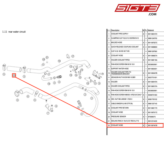 COOLANT HOSE - 9911067407B [PORSCHE 911 GT3 R Type 991 (GEN 2)]