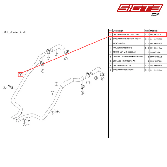 TUYAU DE RETOUR DE LIQUIDE DE REFROIDISSEMENT GAUCHE - 9911067577C [PORSCHE 991.1 GT3 R]