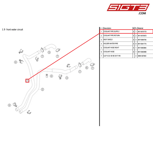 COOLANT PIPE SUPPLY - 9911067577D [PORSCHE 911 GT3 R Type 991 (GEN 2)]