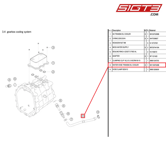 WATER HOSE TRANSM.OIL COOLER - 9911067639B [PORSCHE 991.1 GT3 Cup (2017)]