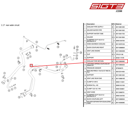 COOLANT PIPE RETURN - 9911068099E [PORSCHE 991.1 GT3 Cup (2017)]