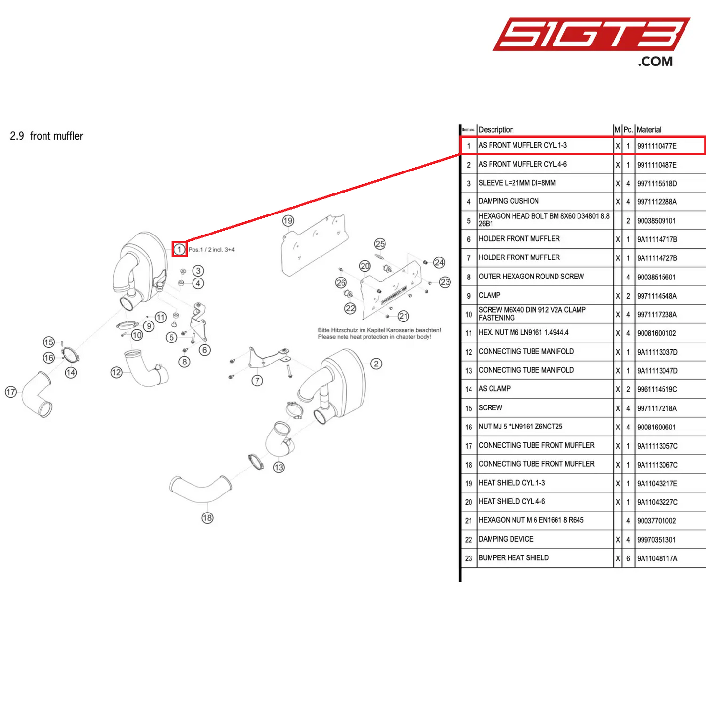 AS FRONT MUFFLER CYL.1-3 - 9911110477E [PORSCHE 911 GT3 R Type 991 (GEN 2)]