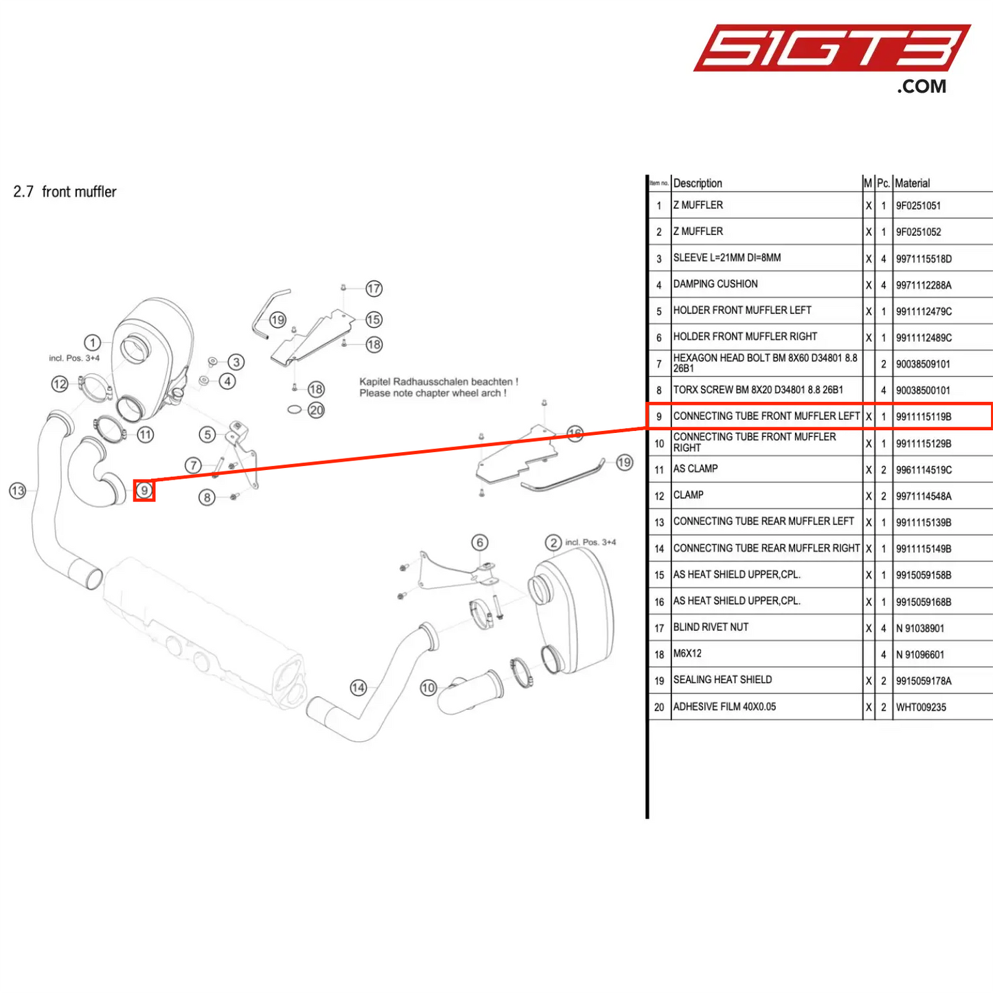 CONNECTING TUBE FRONT MUFFLER LEFT - 9911115119B [PORSCHE 991.1 GT3 Cup (2017)]