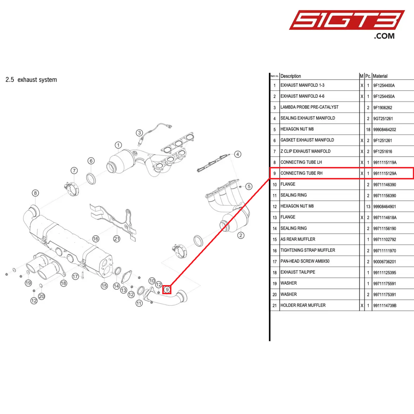 CONNECTING TUBE RH - 9911115129A [PORSCHE 991.1 GT3 Cup (2017)]