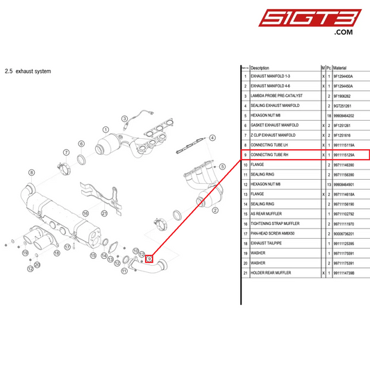 CONNECTING TUBE RH - 9911115129A [PORSCHE 991.1 GT3 Cup (2017)]