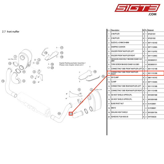 CONNECTING TUBE FRONT MUFFLER RIGHT - 9911115129B [PORSCHE 991.1 GT3 Cup (2017)]