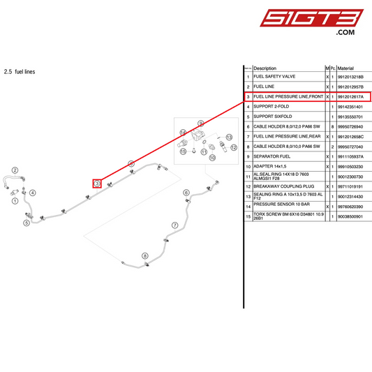 燃料ライン プレッシャーライン、フロント - 9912012617A [ポルシェ 991.1 GT3 R]