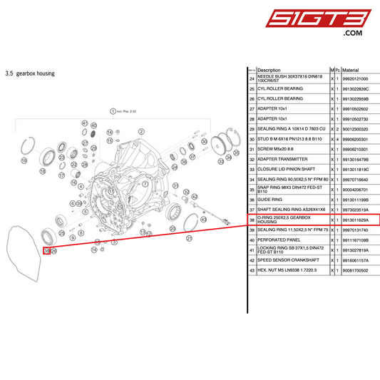 Joint torique 250 x 2,5 pour carter de boîte de vitesses - 9913011629A [PORSCHE 991.2 GT3 Cup]