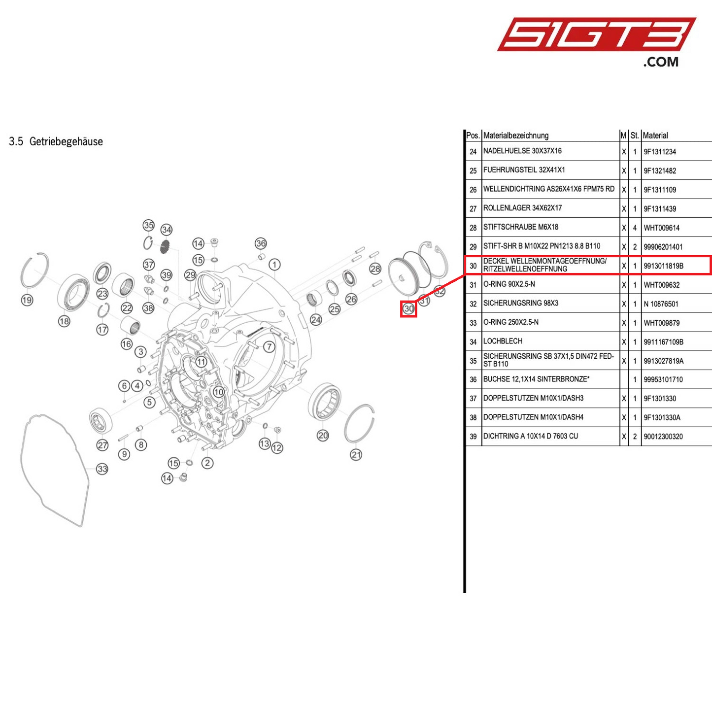 LID PINION SHAFT OPENING - 9913011819B [PORSCHE 991.1 GT3 Cup]