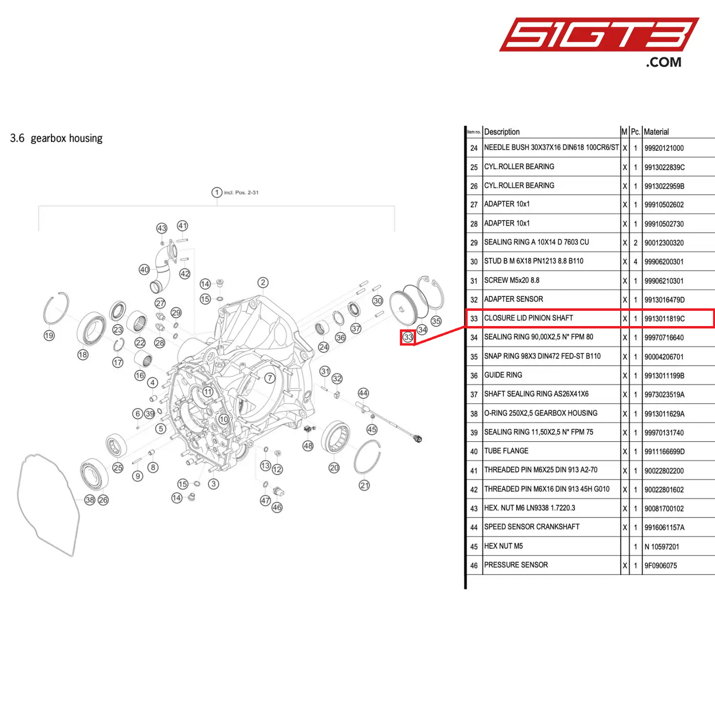 CLOSURE LID PINION SHAFT - 9913011819C [PORSCHE 911 GT3 R Type 991 (GEN 2)]