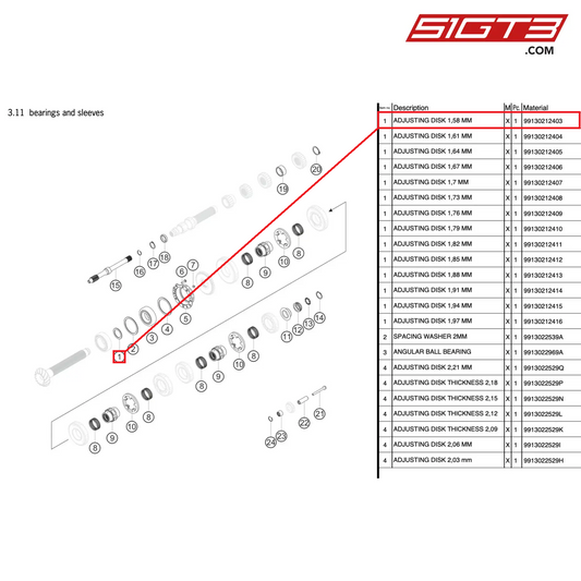ADJUSTING DISK 1,58 MM - 99130212403 [PORSCHE 991.2 GT3 Cup]