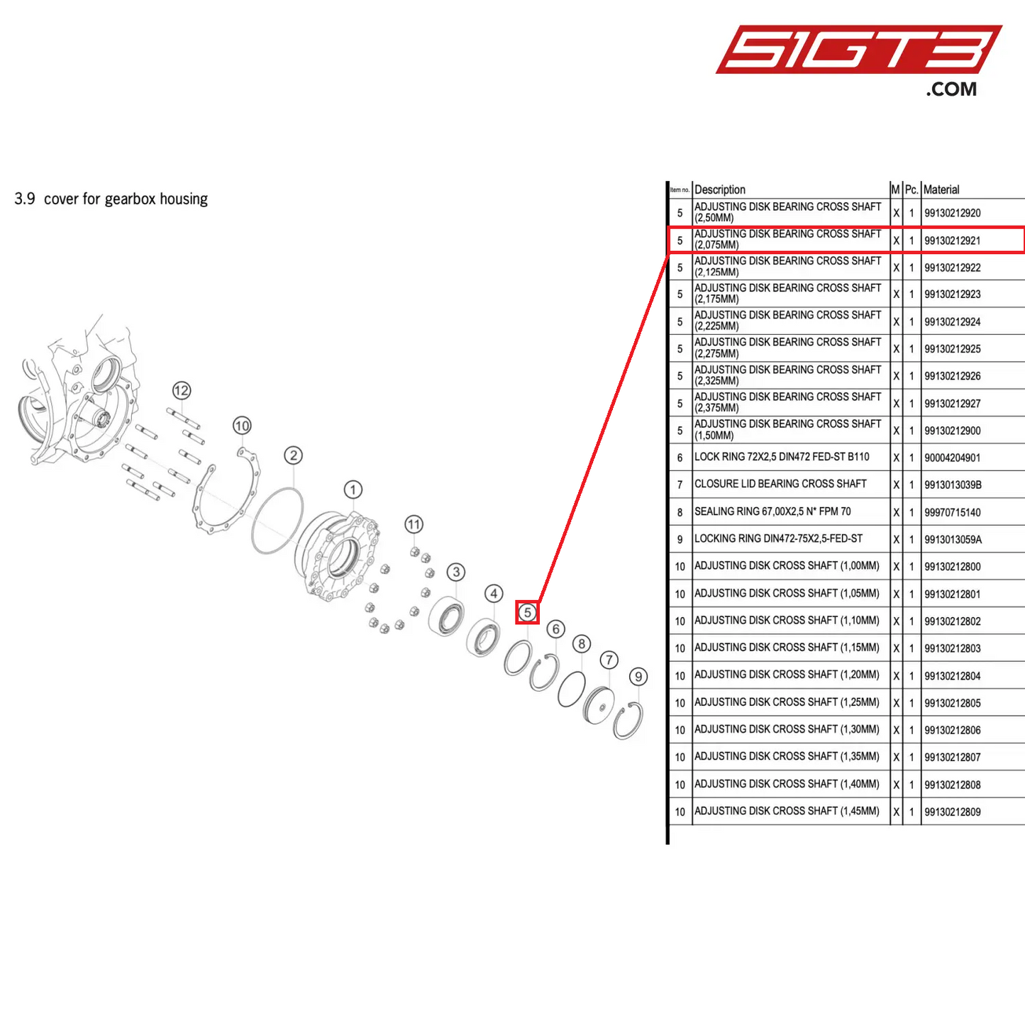 ADJUSTING DISK BEARING CROSS SHAFT (2,075MM) - 99130212921 [PORSCHE 911 GT3 R Type 991 (GEN 2)]