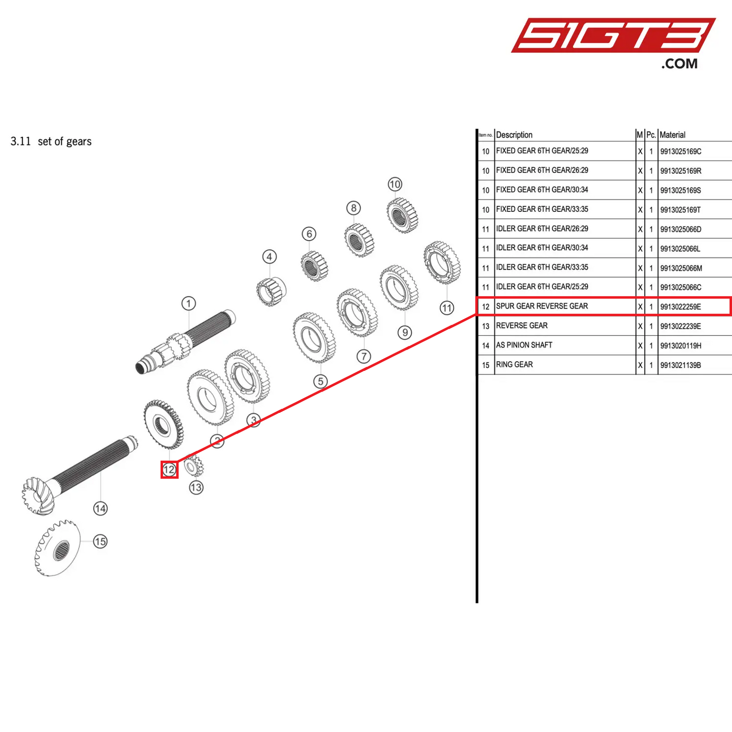 SPUR GEAR REVERSE GEAR - 9913022259E [PORSCHE 911 GT3 R Type 991 (GEN 2)]