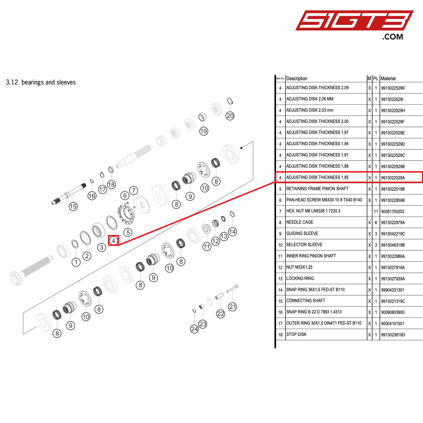 ADJUSTING DISK THICKNESS 1,85 - 9913022529A [PORSCHE 911 GT3 R Type 991 (GEN 2)]