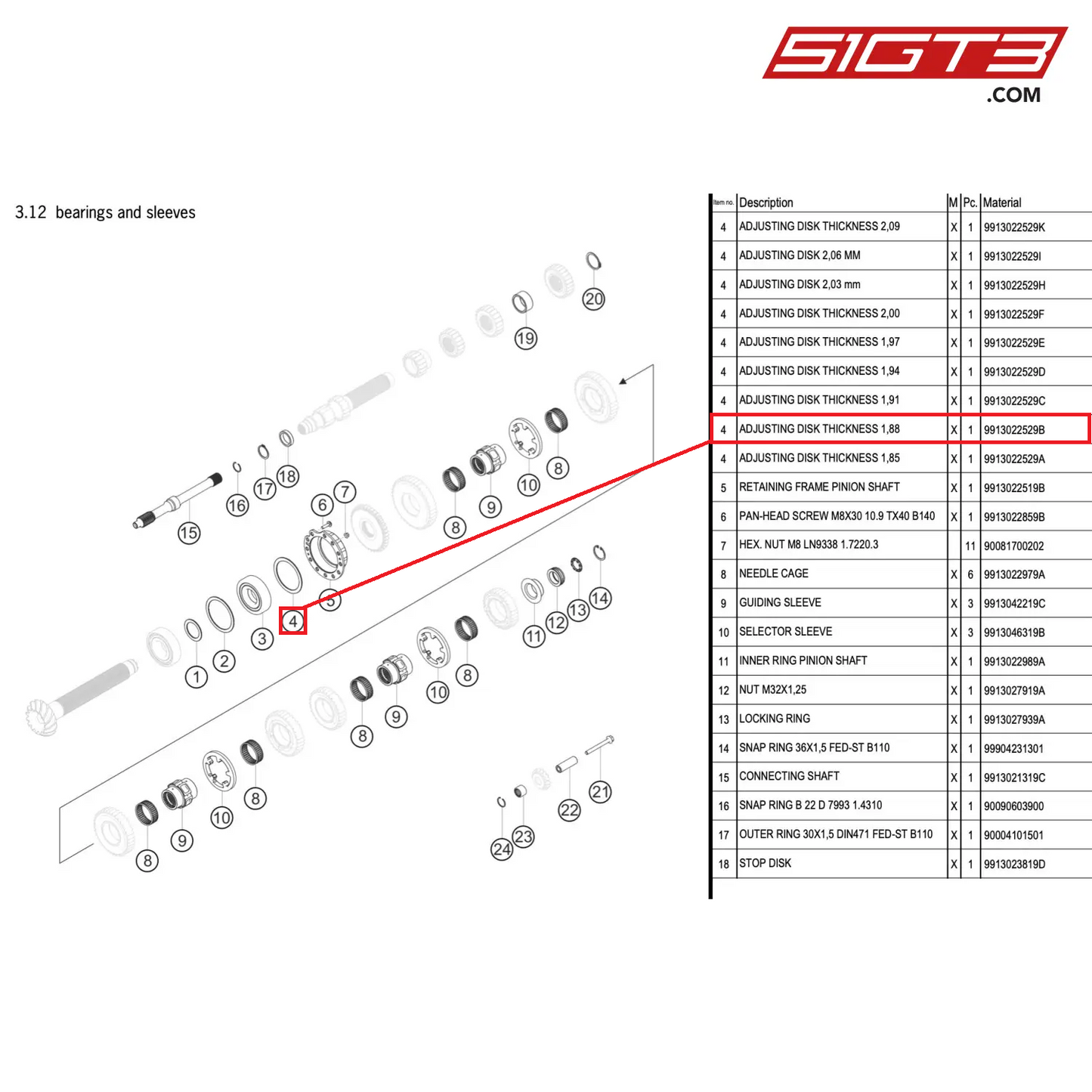 ADJUSTING DISK THICKNESS 1,88 - 9913022529B [PORSCHE 911 GT3 R Type 991 (GEN 2)]