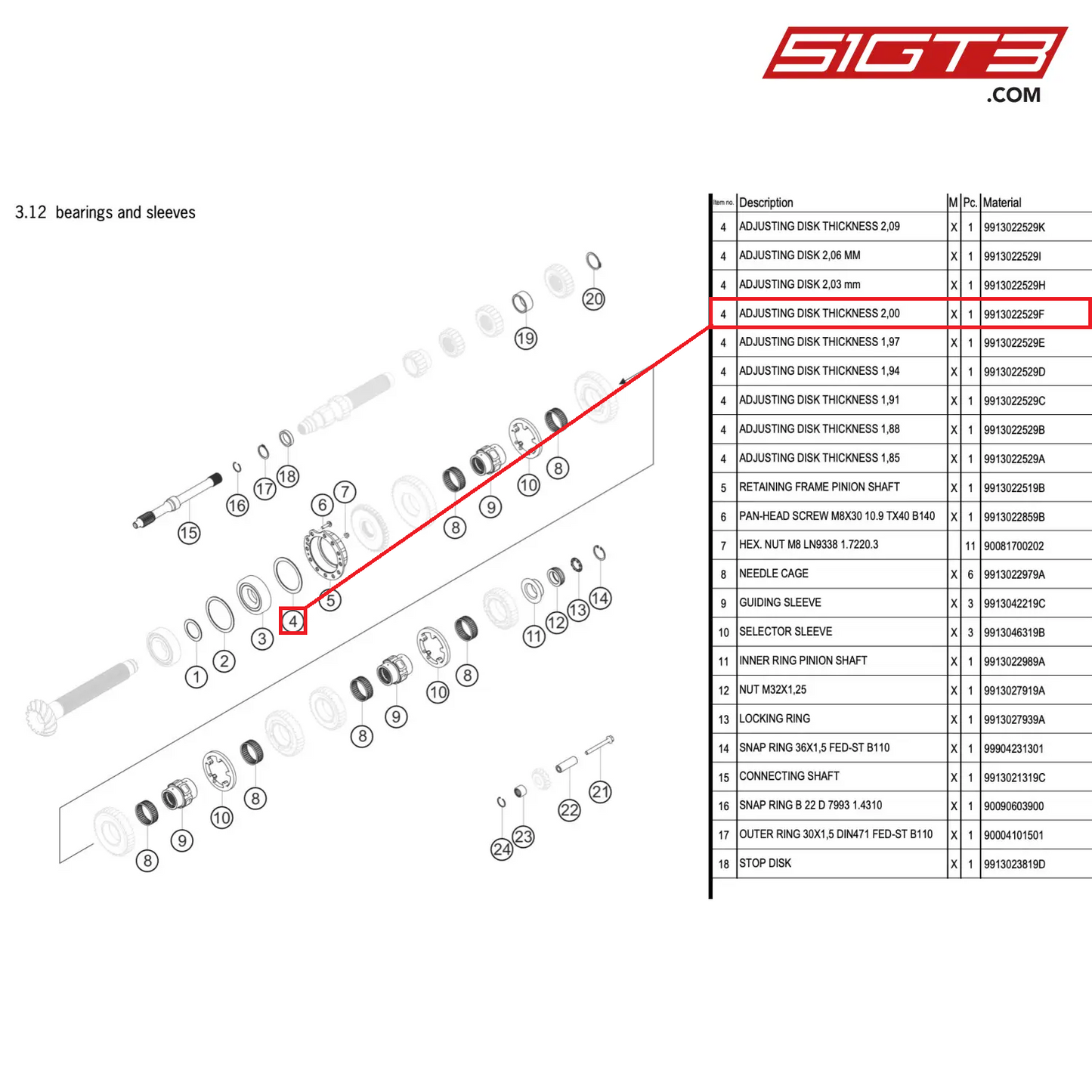 ADJUSTING DISK THICKNESS 2,00 - 9913022529F [PORSCHE 911 GT3 R Type 991 (GEN 2)]