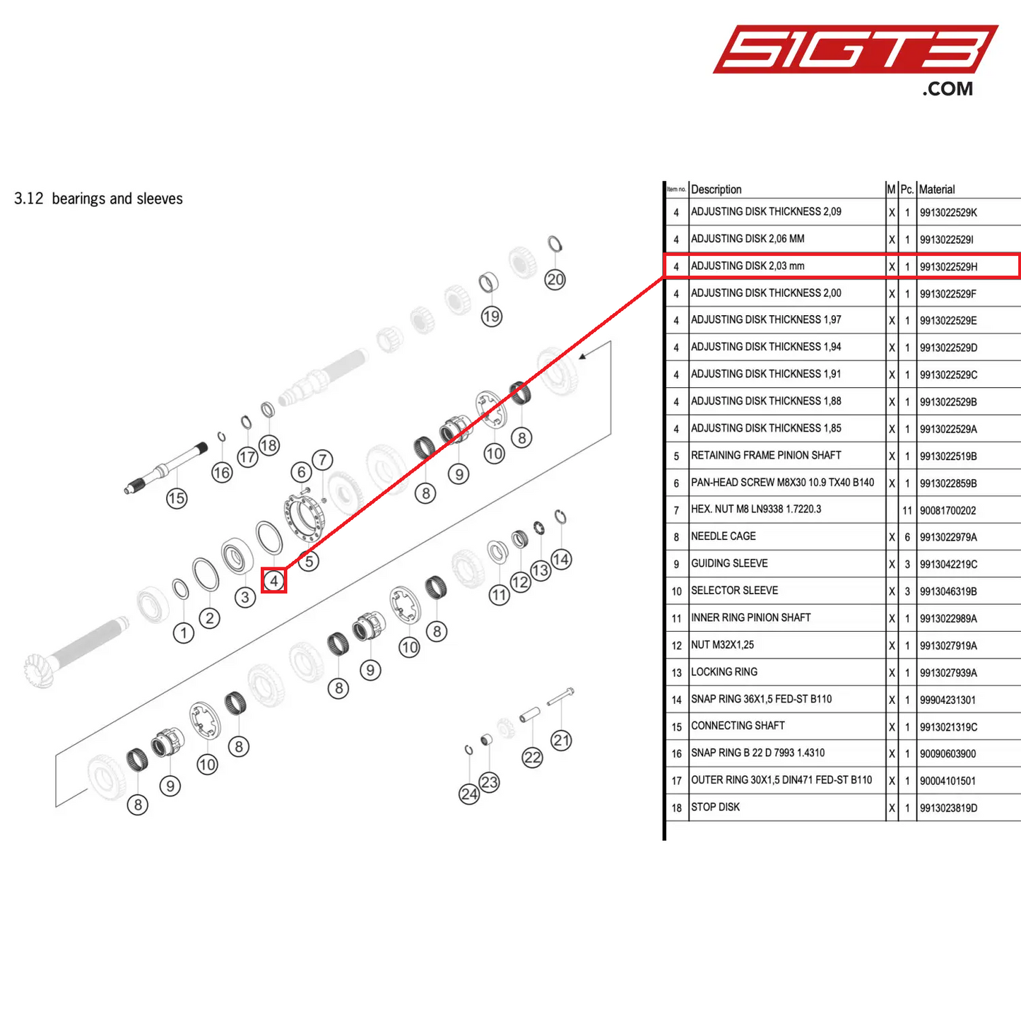 ADJUSTING DISK 2,03 mm - 9913022529H [PORSCHE 911 GT3 R Type 991 (GEN 2)]