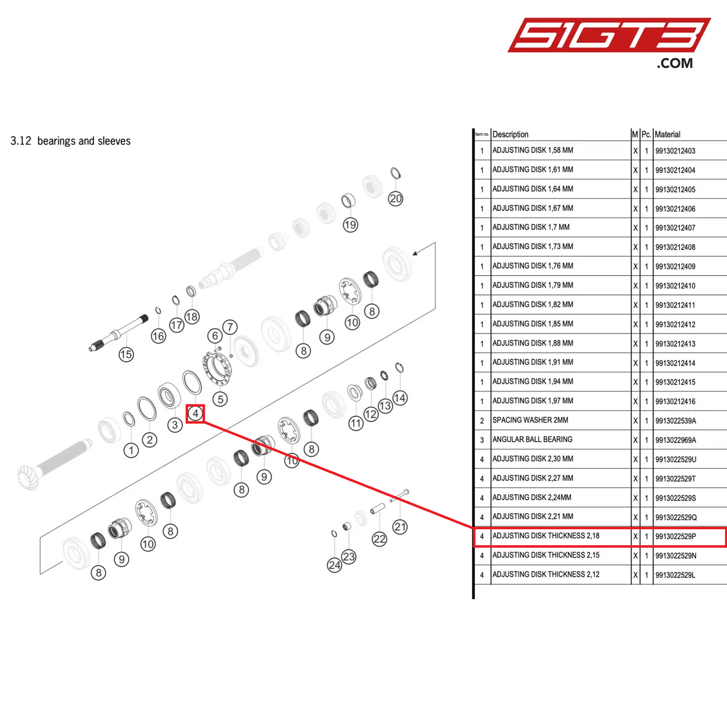 ADJUSTING DISK THICKNESS 2,18 - 9913022529P [PORSCHE 911 GT3 R Type 991 (GEN 2)]