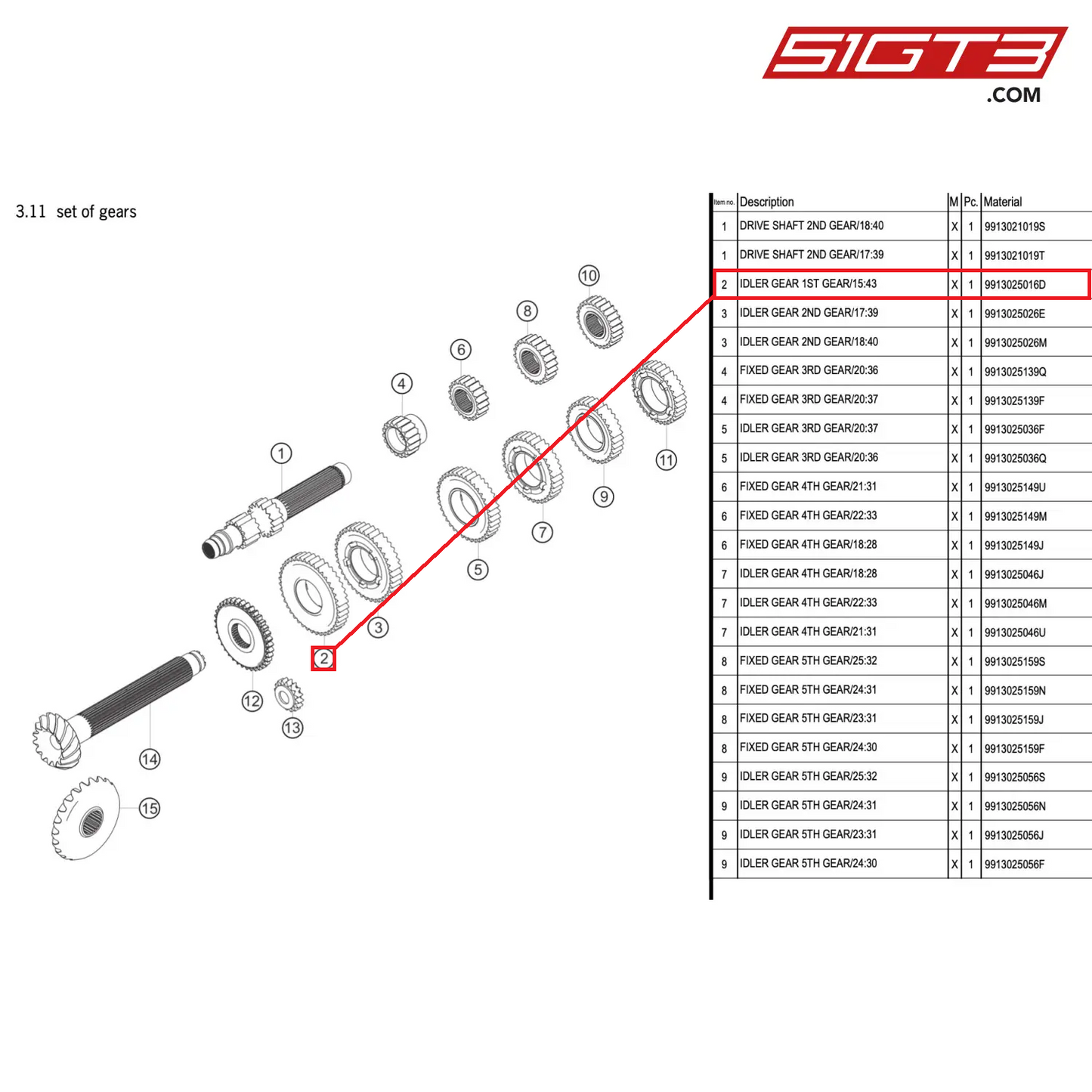 IDLER GEAR 1ST GEAR/15:43 - 9913025016D [PORSCHE 911 GT3 R Type 991 (GEN 2)]