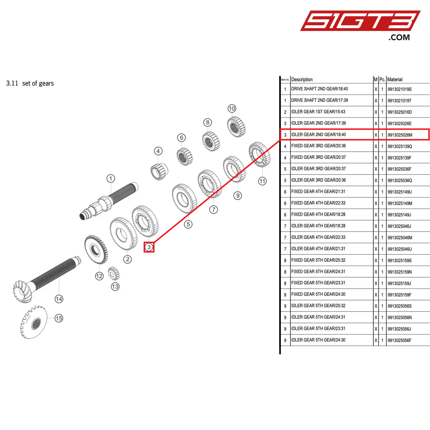 IDLER GEAR 2ND GEAR/18:40 - 9913025026M [PORSCHE 911 GT3 R Type 991 (GEN 2)]