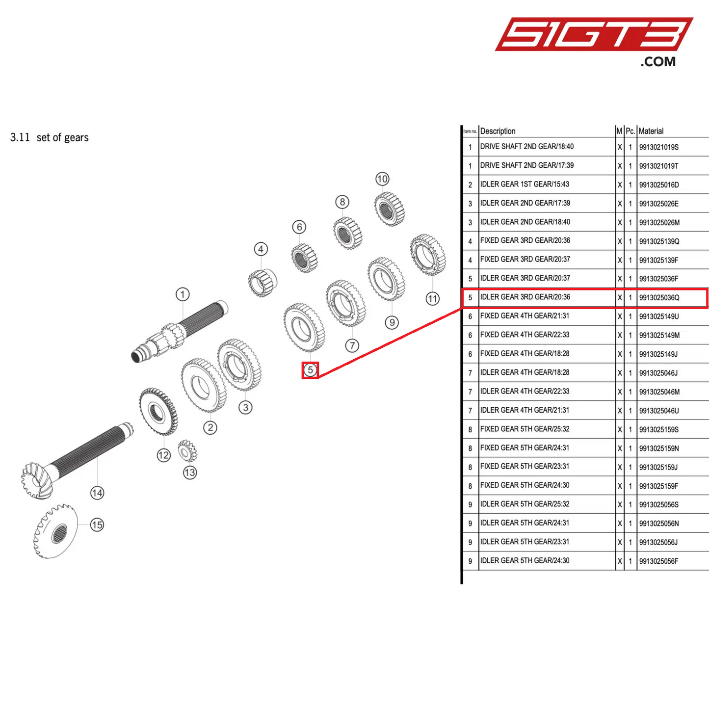 IDLER GEAR 3RD GEAR/20:36 - 9913025036Q [PORSCHE 911 GT3 R Type 991 (GEN 2)]