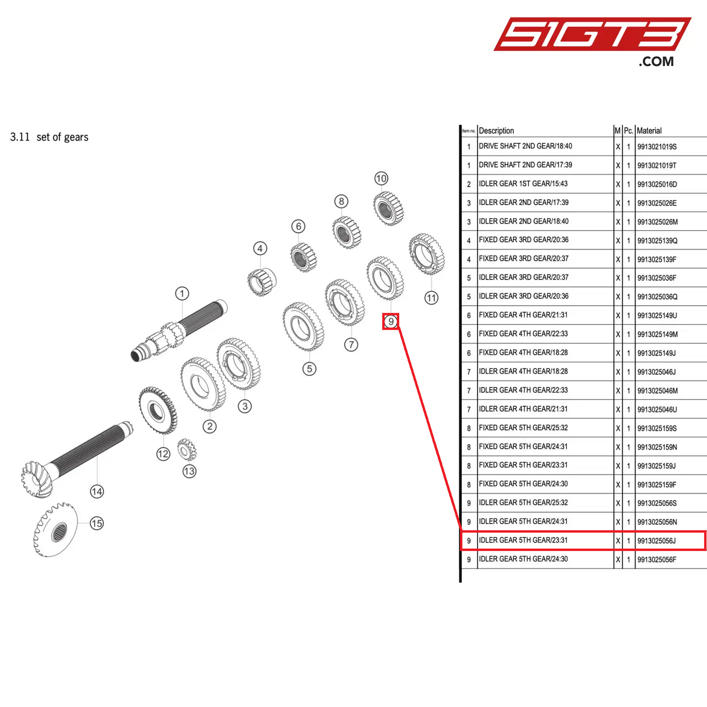 IDLER GEAR 5TH GEAR/23:31 - 9913025056J [PORSCHE 911 GT3 R Type 991 (GEN 2)]